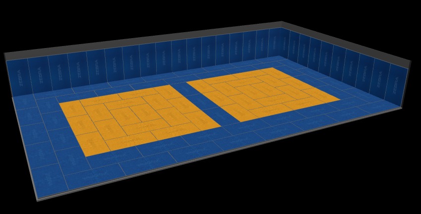 Left view of the planned blue and yellow judo mat area