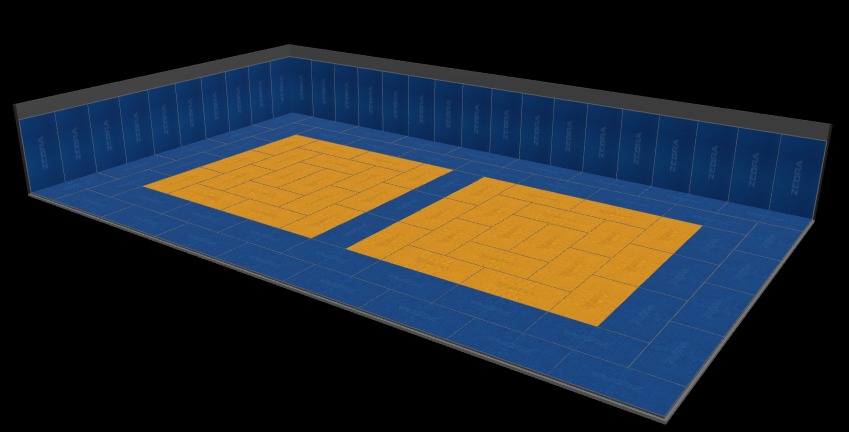 Right view of the planned blue and yellow judo mat area